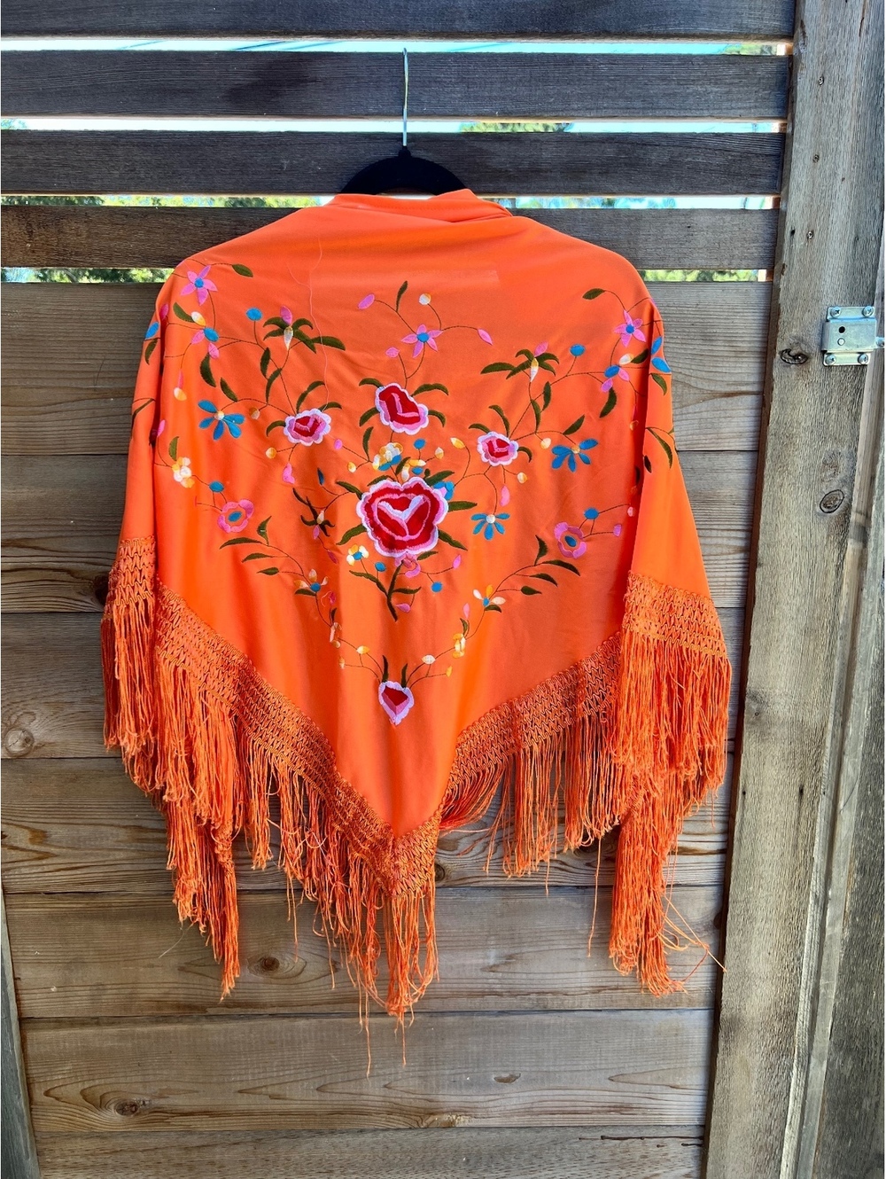 Vintage Orange Embroidered Floral Shawl with Fringe Detail, 100% Polyester